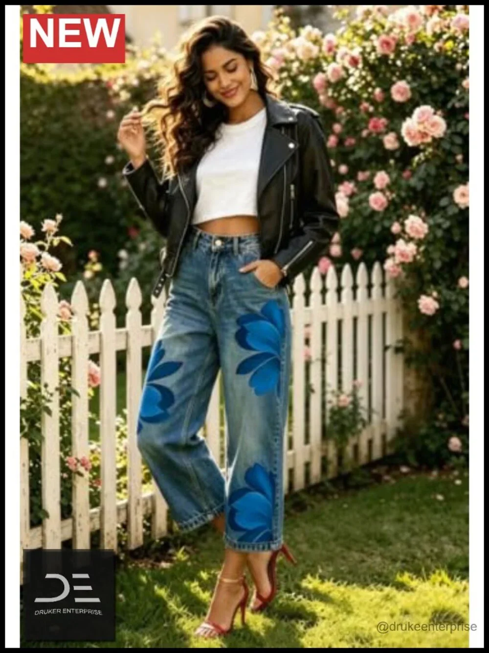 Unbranded Women Barrel Capri Jeans Floral Wide Leg Cropped Cargo Denim Pants